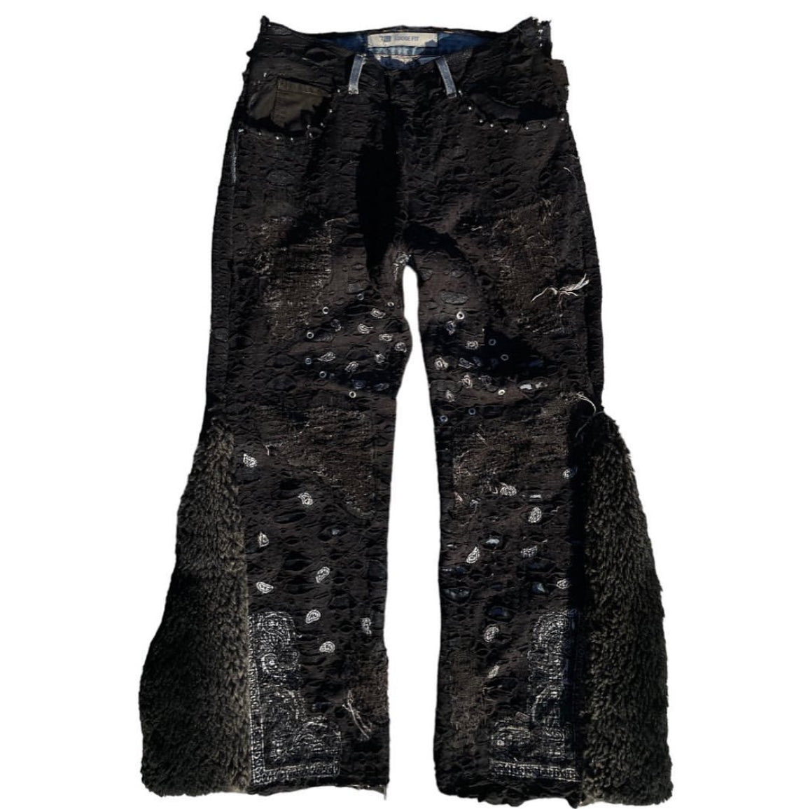 A MOH Faux-Fur Flared Spiked Denim jeans