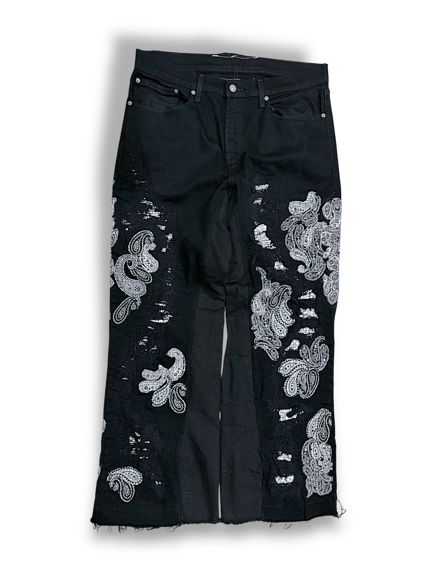 Black paisley flare denim